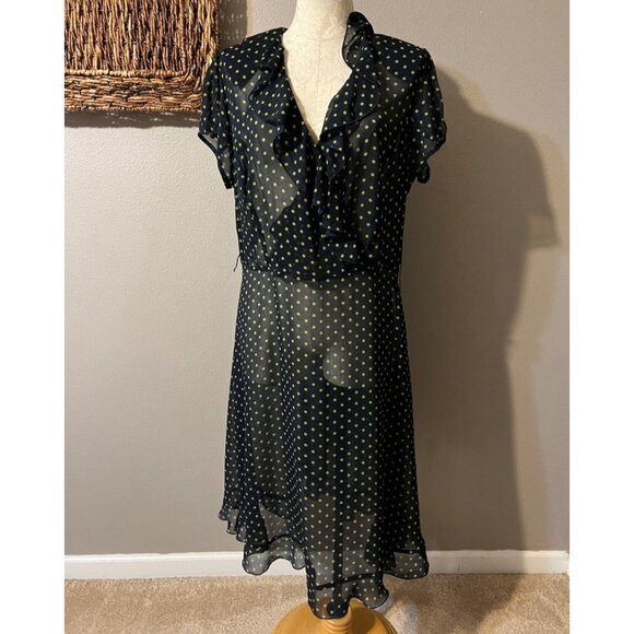 MSK Dress Navy Blue Green 16 Polka Dot Flowy Midi W Belt Washable Sheer Fairy - Picture 4 of 7